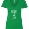 green funny sarcasm v-neck t-shirt featuring a black stick human figure walking to the left saying when nothing is right, go left