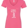 pink funny sarcasm v-neck t-shirt featuring a black stick human figure walking to the left saying when nothing is right, go left
