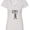 white funny sarcasm v-neck t-shirt featuring a black stick human figure walking to the left saying when nothing is right, go left