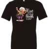 black funny wine t-shirt featuring an old woman laughing with white hair glasses and two glasses of wine, with the quote wine a little, laugh a lot