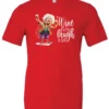 red funny wine t-shirt featuring an old woman laughing with white hair glasses and two glasses of wine, with the quote wine a little, laugh a lot
