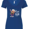blue funny wine v-neck t-shirt featuring an old woman laughing with white hair glasses and two glasses of wine, with the quote wine a little, laugh a lot