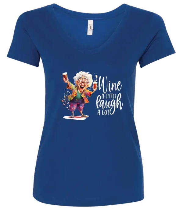 blue funny wine v-neck t-shirt featuring an old woman laughing with white hair glasses and two glasses of wine, with the quote wine a little, laugh a lot