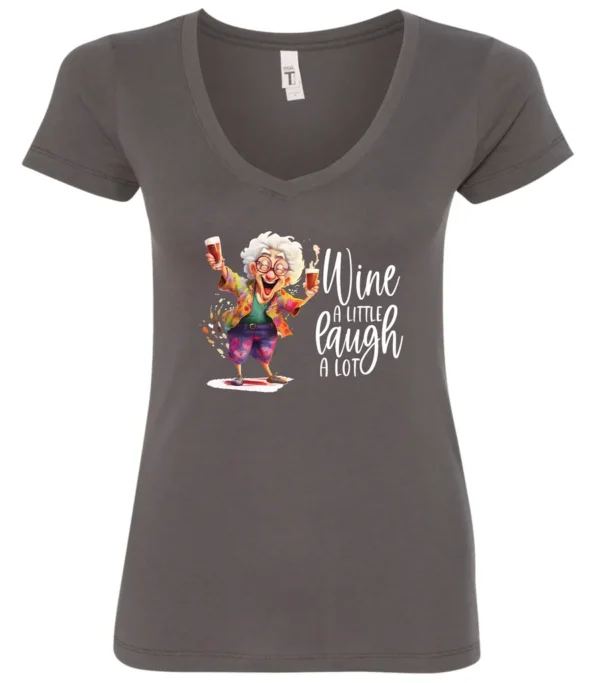 gray funny wine v-neck t-shirt featuring an old woman laughing with white hair glasses and two glasses of wine, with the quote wine a little, laugh a lot