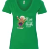 green funny wine v-neck t-shirt featuring an old woman laughing with white hair glasses and two glasses of wine, with the quote wine a little, laugh a lot