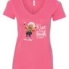 pink funny wine v-neck t-shirt featuring an old woman laughing with white hair glasses and two glasses of wine, with the quote wine a little, laugh a lot