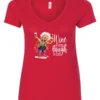 red funny wine v-neck t-shirt featuring an old woman laughing with white hair glasses and two glasses of wine, with the quote wine a little, laugh a lot