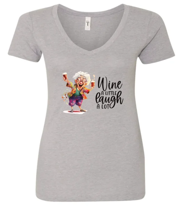 silver funny wine v-neck t-shirt featuring an old woman laughing with white hair glasses and two glasses of wine, with the quote wine a little, laugh a lot