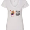 white funny wine v-neck t-shirt featuring an old woman laughing with white hair glasses and two glasses of wine, with the quote wine a little, laugh a lot