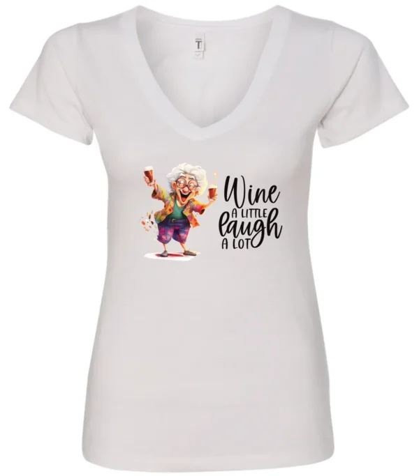 white funny wine v-neck t-shirt featuring an old woman laughing with white hair glasses and two glasses of wine, with the quote wine a little, laugh a lot