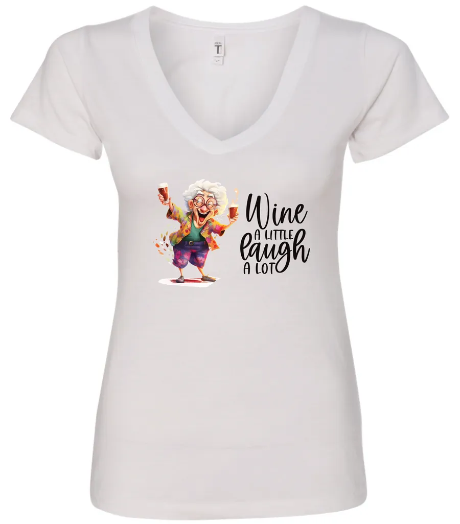 white funny wine v-neck t-shirt featuring an old woman laughing with white hair glasses and two glasses of wine, with the quote wine a little, laugh a lot