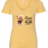yellow funny wine v-neck t-shirt featuring an old woman laughing with white hair glasses and two glasses of wine, with the quote wine a little, laugh a lot