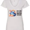 white sarcastic alcohol v-neck t-shirt featuring a fat woman drinking a cocktail and it says you look like I need another drink.