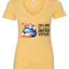 yellow sarcastic alcohol v-neck t-shirt featuring a fat woman drinking a cocktail and it says you look like I need another drink.