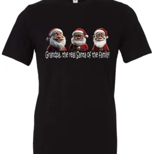black funny santa t- shirt featuring three black grandpa dressed as santa claus and it says grandpa the real santa of the family