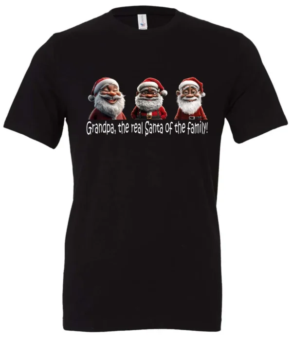 black funny santa t- shirt featuring three black grandpa dressed as santa claus and it says grandpa the real santa of the family