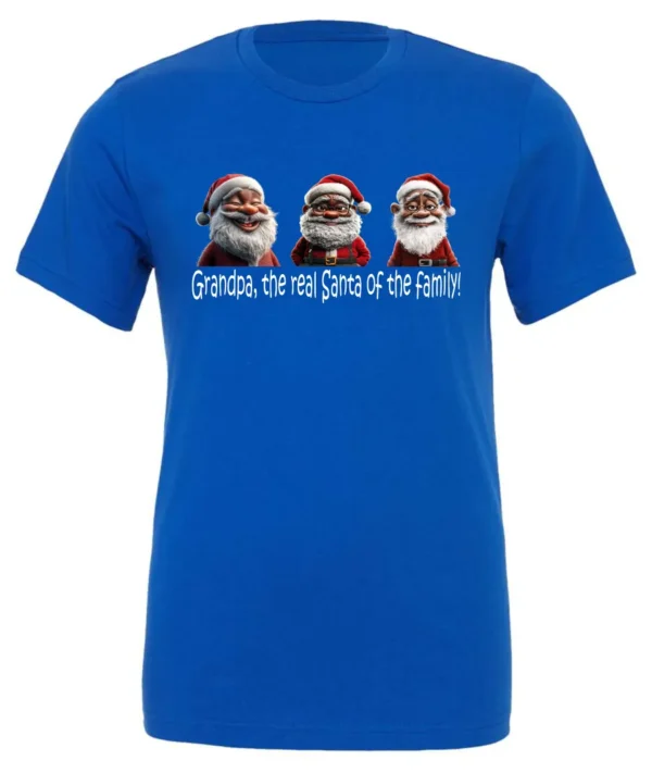 blue funny santa t- shirt featuring three black grandpa dressed as santa claus and it says grandpa the real santa of the family