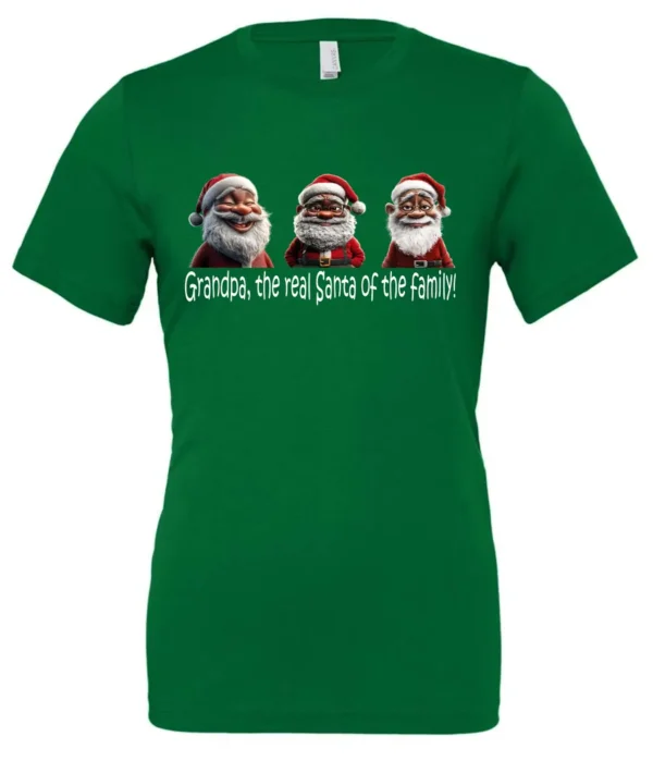 green funny santa t- shirt featuring three black grandpa dressed as santa claus and it says grandpa the real santa of the family