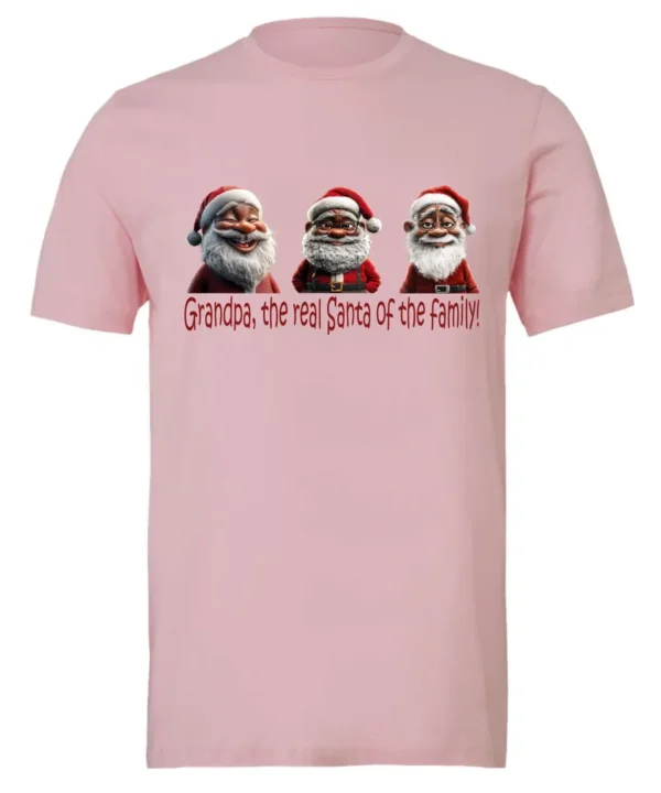 pink funny santa t- shirt featuring three black grandpa dressed as santa claus and it says grandpa the real santa of the family