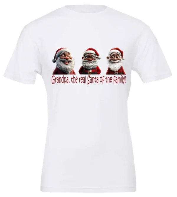 white funny santa t- shirt featuring three black grandpa dressed as santa claus and it says grandpa the real santa of the family