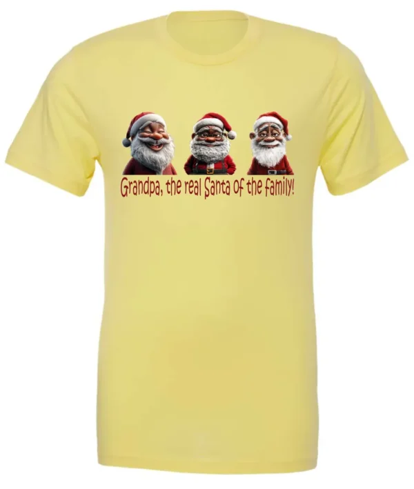 yellow funny santa t- shirt featuring three black grandpa dressed as santa claus and it says grandpa the real santa of the family