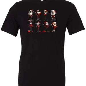 black funny christmas t- shirt featuring eight different skinny black santa claus