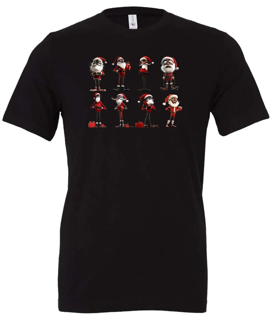 black funny christmas t- shirt featuring eight different skinny black santa claus