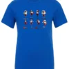 blue funny christmas t- shirt featuring eight different skinny black santa claus