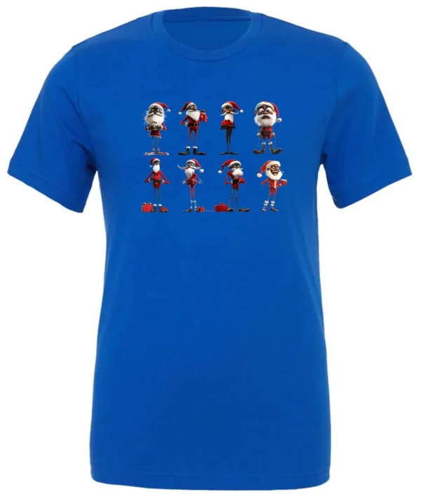 blue funny christmas t- shirt featuring eight different skinny black santa claus