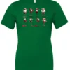 green funny christmas t- shirt featuring eight different skinny black santa claus