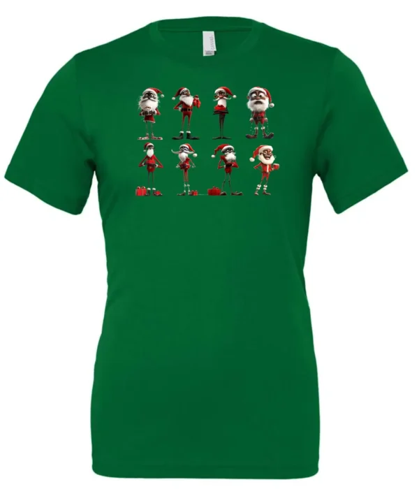 green funny christmas t- shirt featuring eight different skinny black santa claus