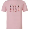 pink funny christmas t- shirt featuring eight different skinny black santa claus
