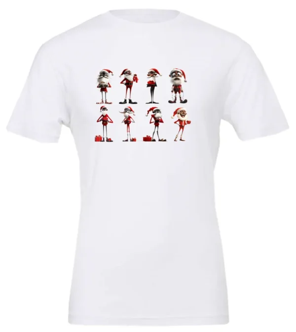 white funny christmas t- shirt featuring eight different skinny black santa claus