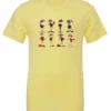yellow funny christmas t- shirt featuring eight different skinny black santa claus