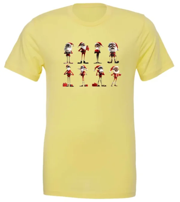 yellow funny christmas t- shirt featuring eight different skinny black santa claus