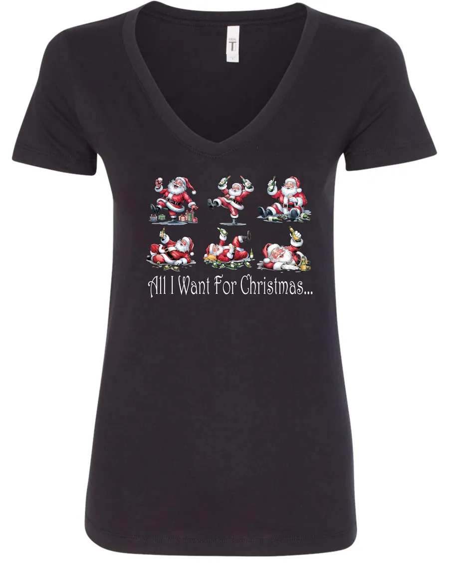 black drunk santa v-neck tshirt featuring six drunk santa claus with the beer in both hands and says all I want for Christmas…