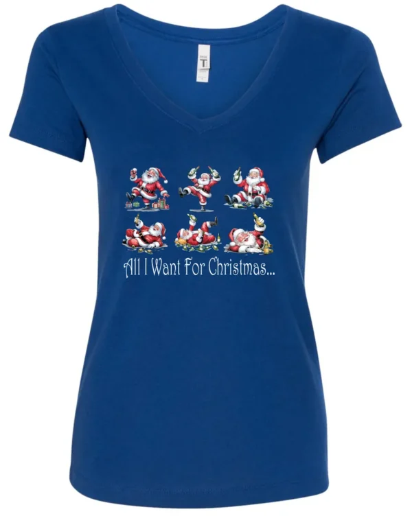 blue drunk santa v-neck tshirt featuring six drunk santa claus with the beer in both hands and says all I want for Christmas…
