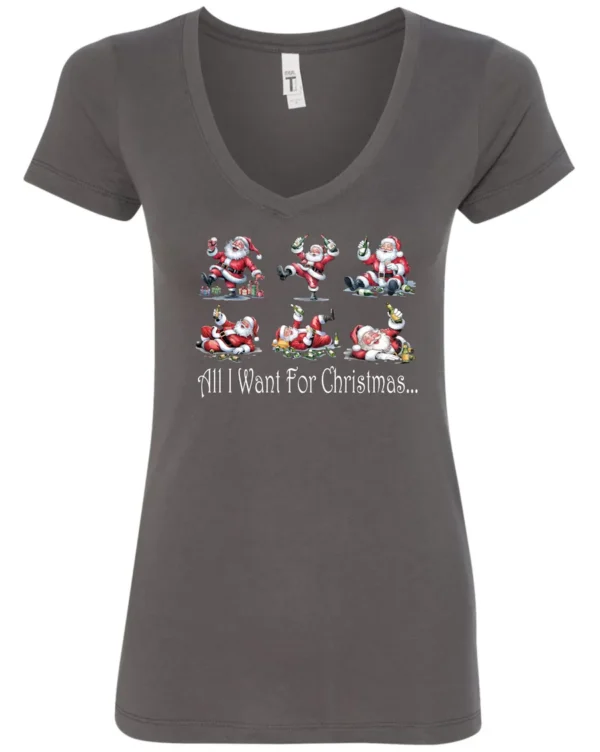 gray drunk santa v-neck tshirt featuring six drunk santa claus with the beer in both hands and says all I want for Christmas…