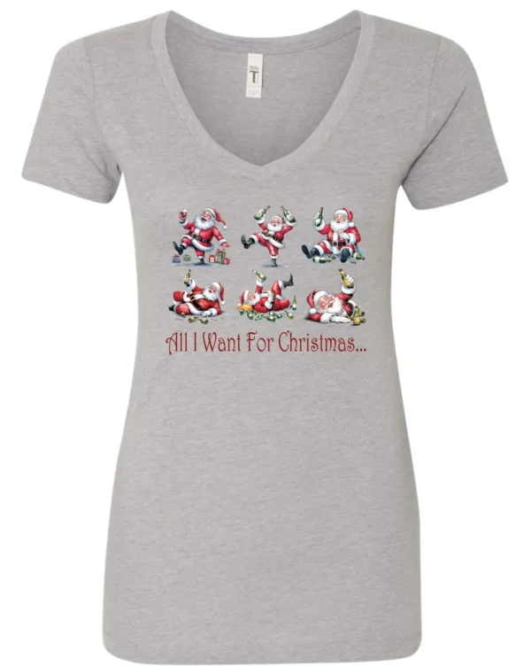 silver drunk santa v-neck tshirt featuring six drunk santa claus with the beer in both hands and says all I want for Christmas…