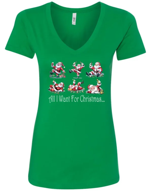 green drunk santa v-neck tshirt featuring six drunk santa claus with the beer in both hands and says all I want for Christmas…