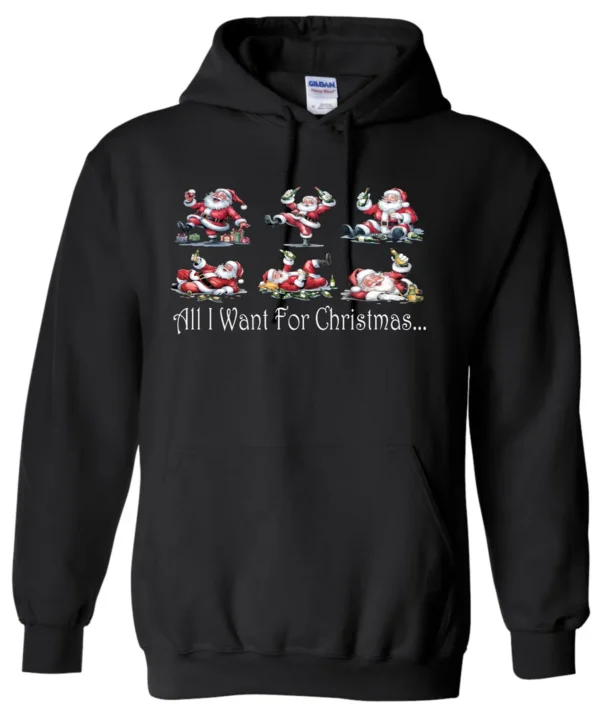black drunk santa hoodie featuring six drunk santa claus with the beer in both hands and says all I want for Christmas...