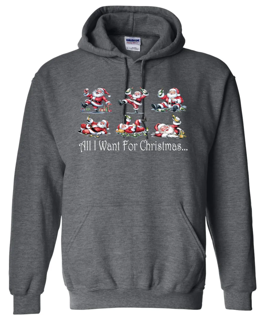 gray drunk santa hoodie featuring six drunk santa claus with the beer in both hands and says all I want for Christmas...