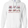 white drunk santa hoodie featuring six drunk santa claus with the beer in both hands and says all I want for Christmas...