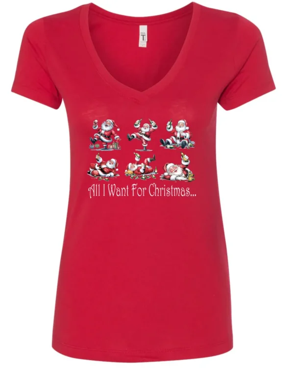 red drunk santa v-neck tshirt featuring six drunk santa claus with the beer in both hands and says all I want for Christmas…