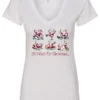 white drunk santa v-neck tshirt featuring six drunk santa claus with the beer in both hands and says all I want for Christmas…
