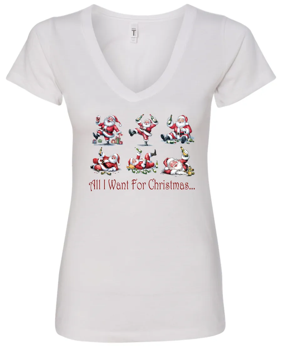 white drunk santa v-neck tshirt featuring six drunk santa claus with the beer in both hands and says all I want for Christmas…