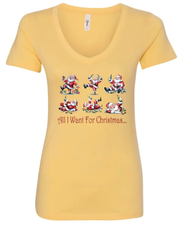 yellow drunk santa v-neck tshirt featuring six drunk santa claus with the beer in both hands and says all I want for Christmas…