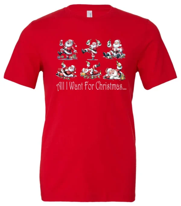 red drunk santa t- shirt featuring six drunk santa claus with the beer in both hands and says all I want for Christmas…