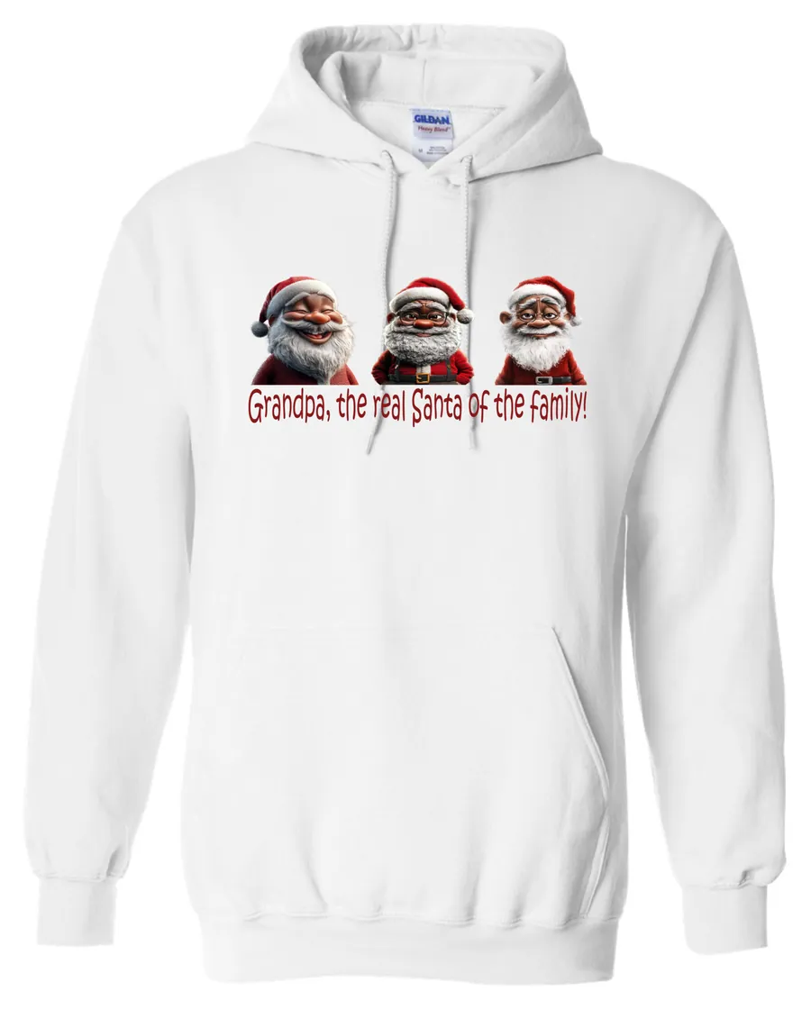 white funny santa hoodie featuring three black grandpa dressed as santa claus and it says grandpa the real santa of the family