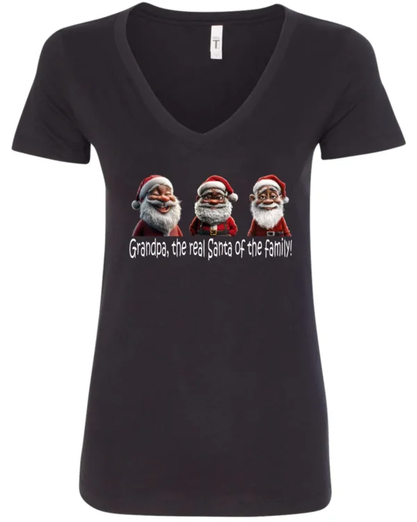 black funny santa v-neck tshirt featuring three black grandpa dressed as santa claus and it says grandpa the real santa of the family